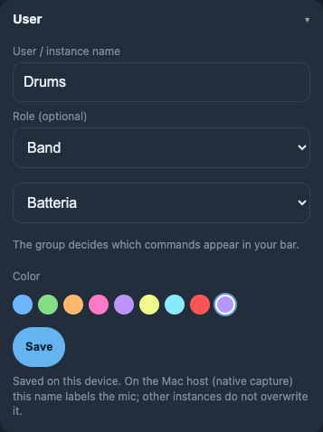 Roles — Official app · User name, group and role controls