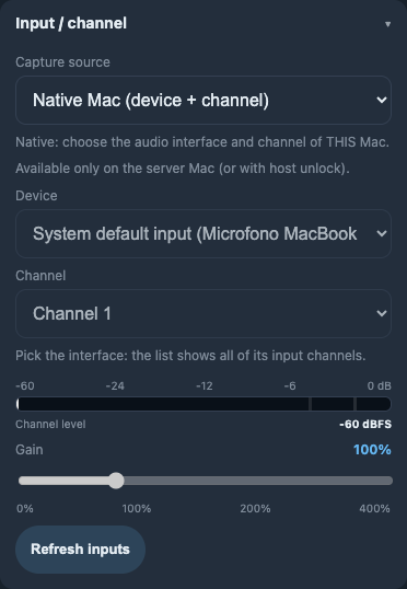 Source & channel — Official app · Native Mac input and channel controls