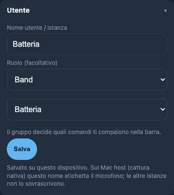 Ruoli — App ufficiale · Nome utente, gruppo e ruolo