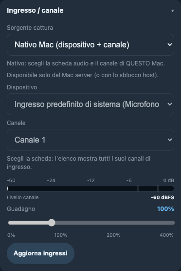 Sorgente e canale — App ufficiale · Ingresso e canale audio del Mac