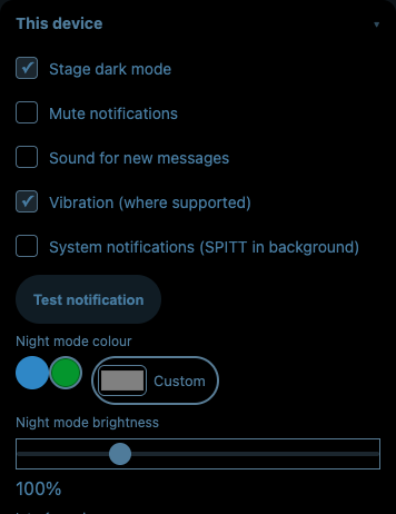Dark Mode — Official app · Stage dark mode enabled · blue, green and custom colours
