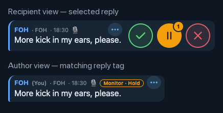 Quick Replies — Official app · Selected Hold reply and matching author tag · sample message