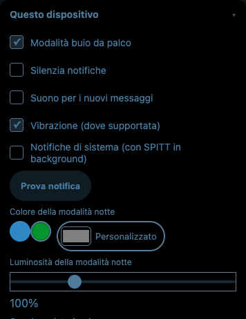 Dark Mode — App ufficiale · Modalità buio da palco attiva · blu, verde e colore personalizzato