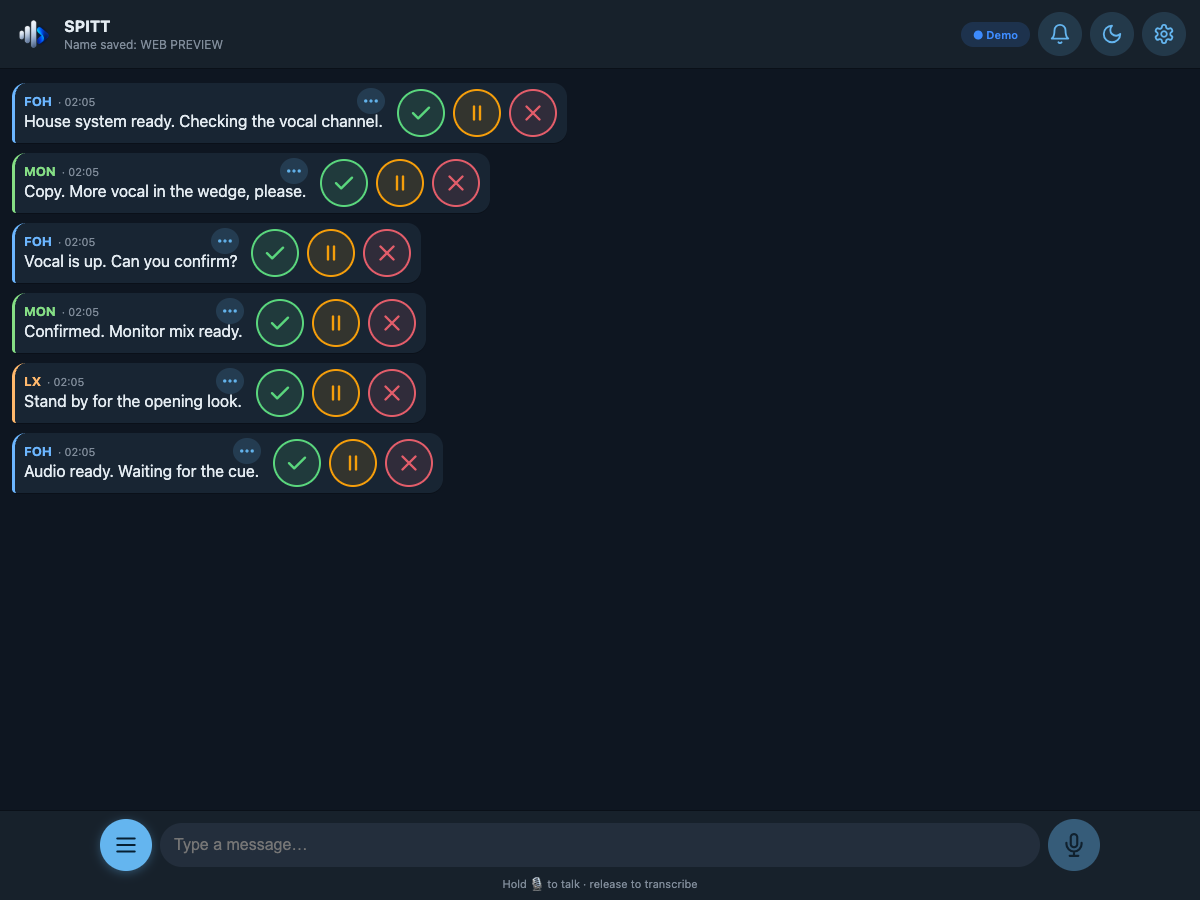 SPITT shared chat in English, with simulated crew messages